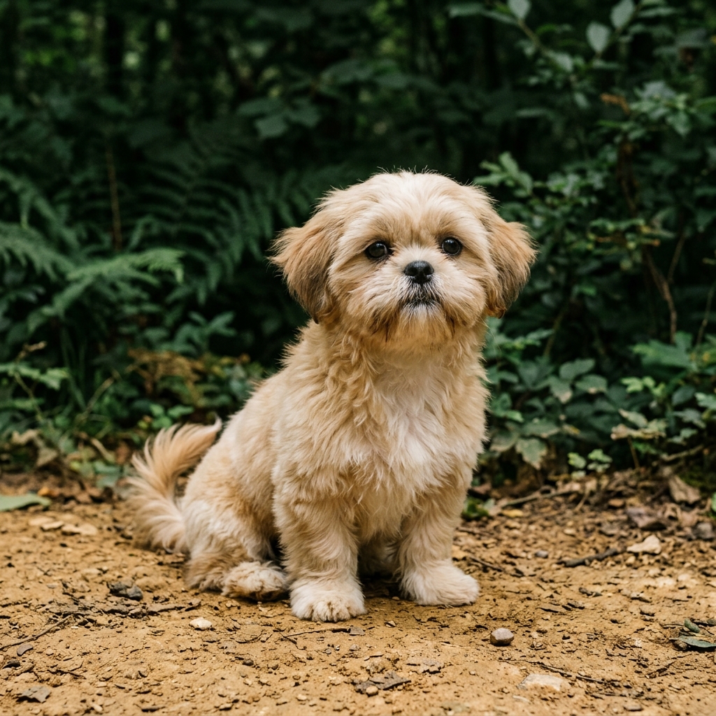 Ein etwa neun Wochen alter Shih-Tzu-Welpe sitzt auf ockerfarbener Erde vor dunkelgrünem Farn.